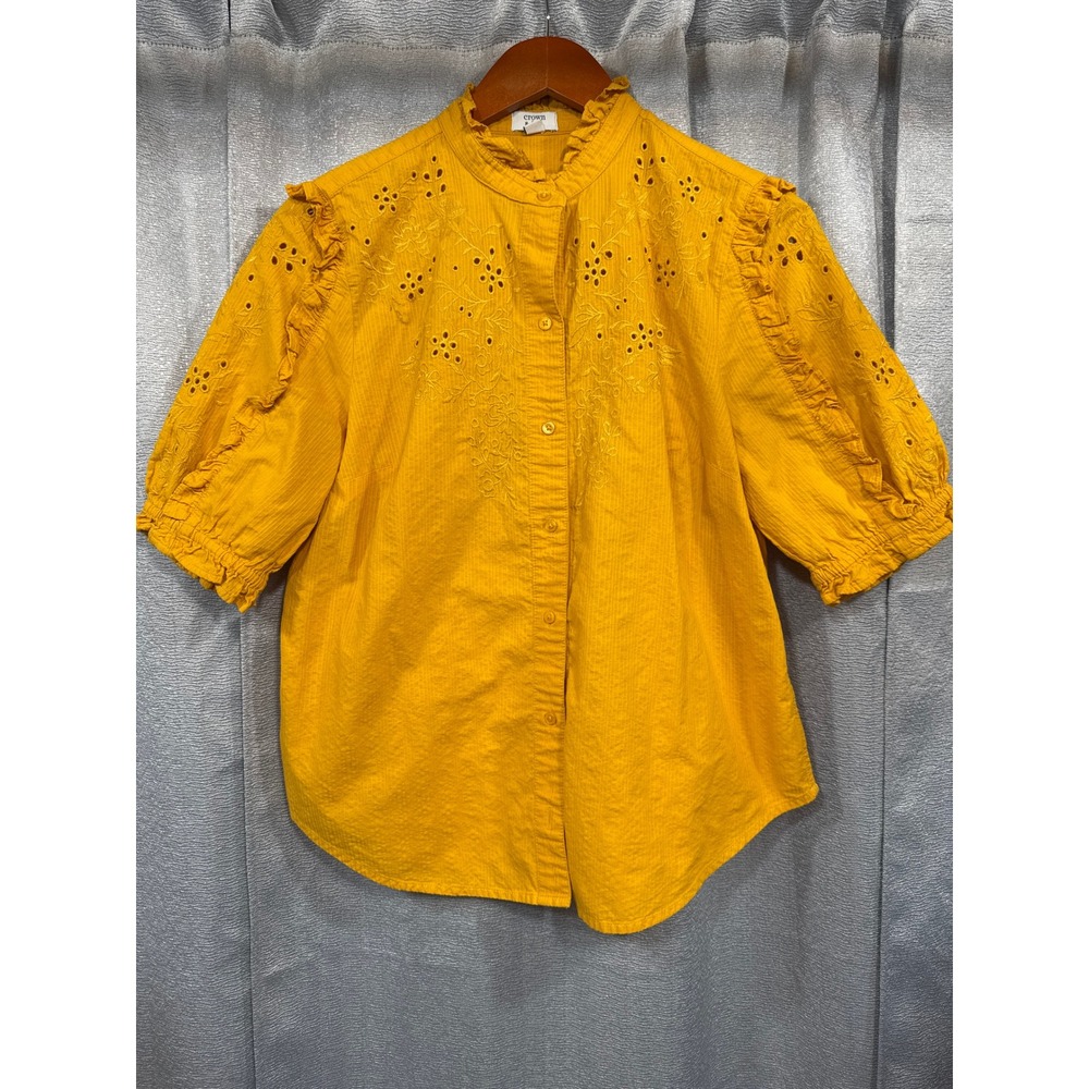 Crown & Ivy Women Mustard Yellow Eyelet Embroidered Ruffle Button Down Blouse M